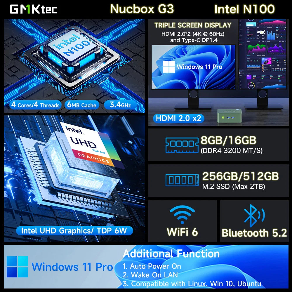 GMKtec G3 Mini PC – Intel Alder Lake N100, Windows 11 Pro, 8/16GB DDR4, 256/512GB PCIe SSD, WiFi 6, BT5.2 Desktop Computer