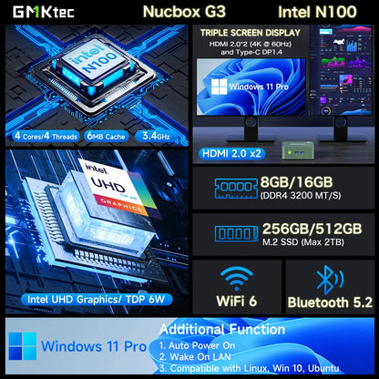 GMKtec G3 Mini PC – Intel Alder Lake N100, Windows 11 Pro, 8/16GB DDR4, 256/512GB PCIe SSD, WiFi 6, BT5.2 Desktop Computer