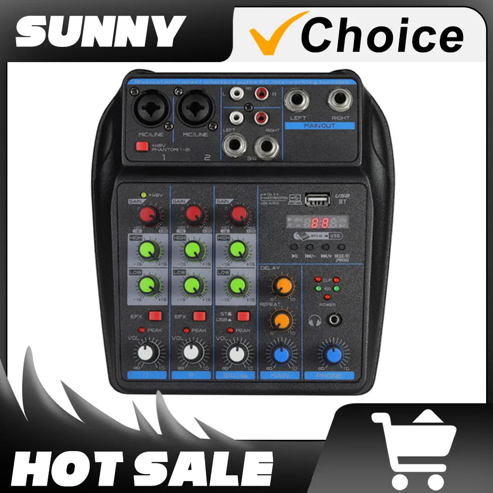 4-Channel DJ Mixer Console with Bluetooth – USB Audio Mixer, 48V Phantom Power, Karaoke Monitor System
