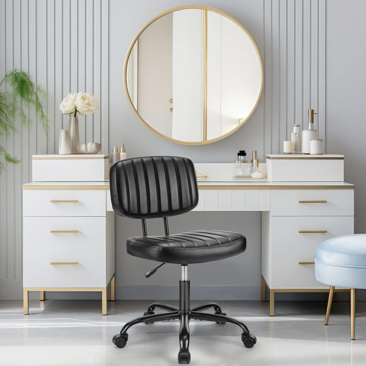 Armless Office Desk Chair – Height Adjustable PU Leather with Lumbar Support & 360° Swivel Wheels
