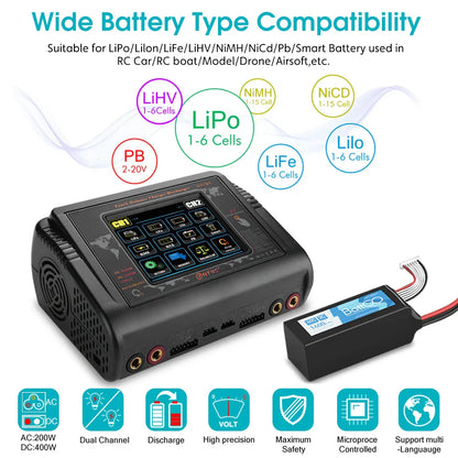 HTRC Smart Battery Charger DC 400W / AC 200W — 12A×2 Balance Charger & Discharger for LiHV, LiFe, Li-Ion, NiCd, NiMH, Pb, LiPo RC Batteries