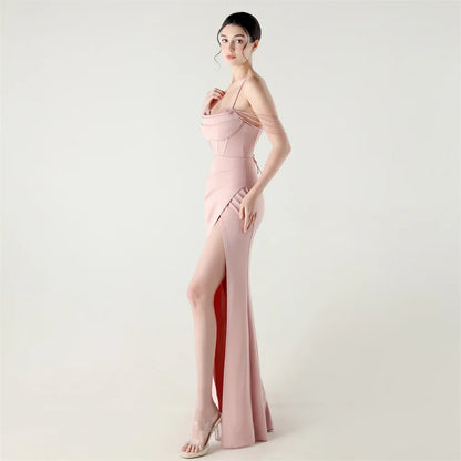 DEERVEADO Women’s Satin Strap Evening Dress — Beaded Sexy Mermaid Slit Long Formal Party Gown