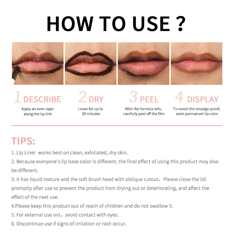 Waterproof Peel-Off Lip Liner & Tattoo Lip Gloss – Long-Lasting Matte Lip Tint & Brown Contour Lip Stain