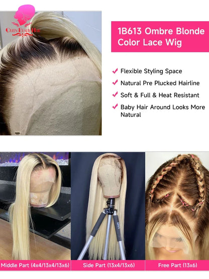13x6 Lace Frontal Human Hair Wig - Ombre Blonde 1B 613 Pre-Plucked Lace Front Wig for Women