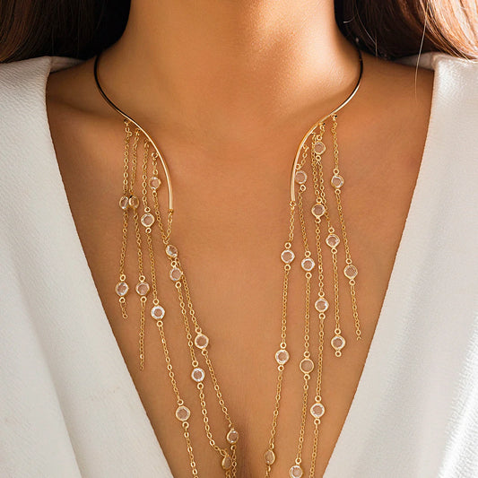 Sexy Goth Long Tassel Star Crystal Sequin Pendant Choker Necklace - Vintage Open Torque Chest Chain for Women