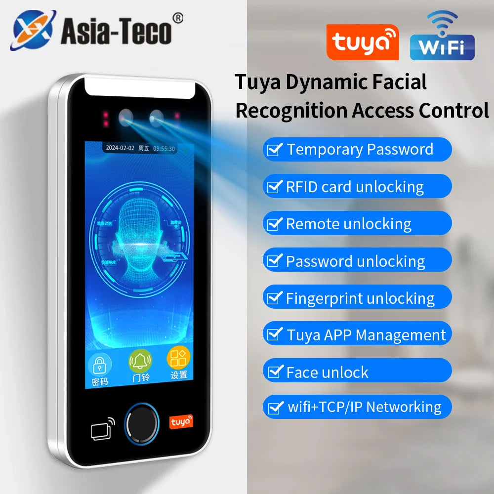Asia Teco 5-Inch Face Recognition Access Control – WiFi TCP/IP Attendance Machine with Tuya App & Fingerprint Scanner