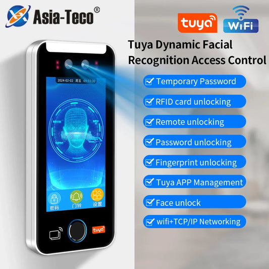 Asia Teco 5-Inch Face Recognition Access Control – WiFi TCP/IP Attendance Machine with Tuya App & Fingerprint Scanner