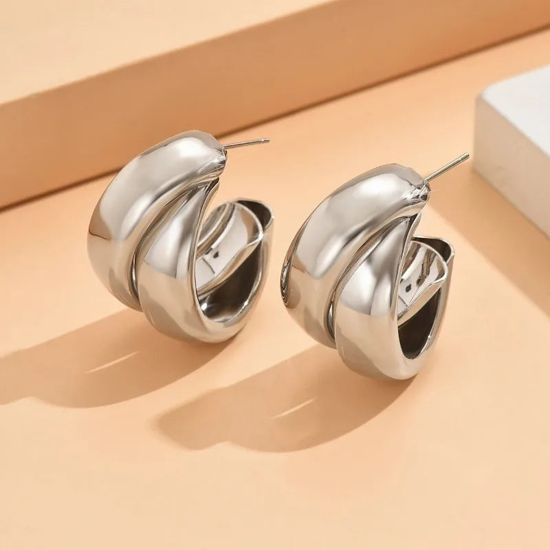 Gold Chunky Hoop Earrings for Women – Stainless Steel Double Ring Statement Jewelry