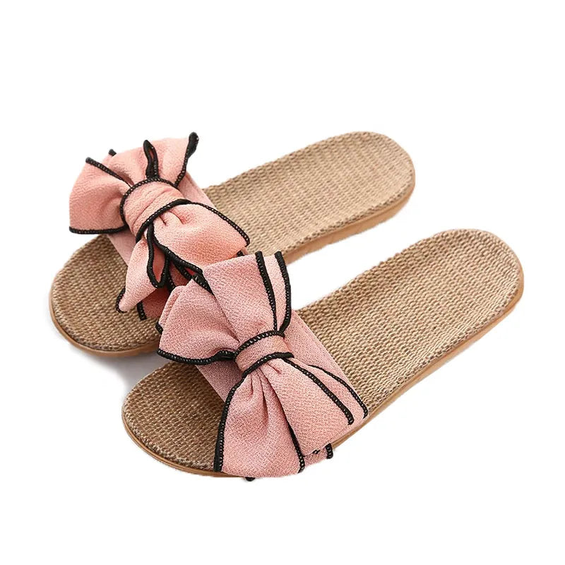 Women’s Bow-Knot Linen Slippers - Cute Soft Indoor Casual Home Flats