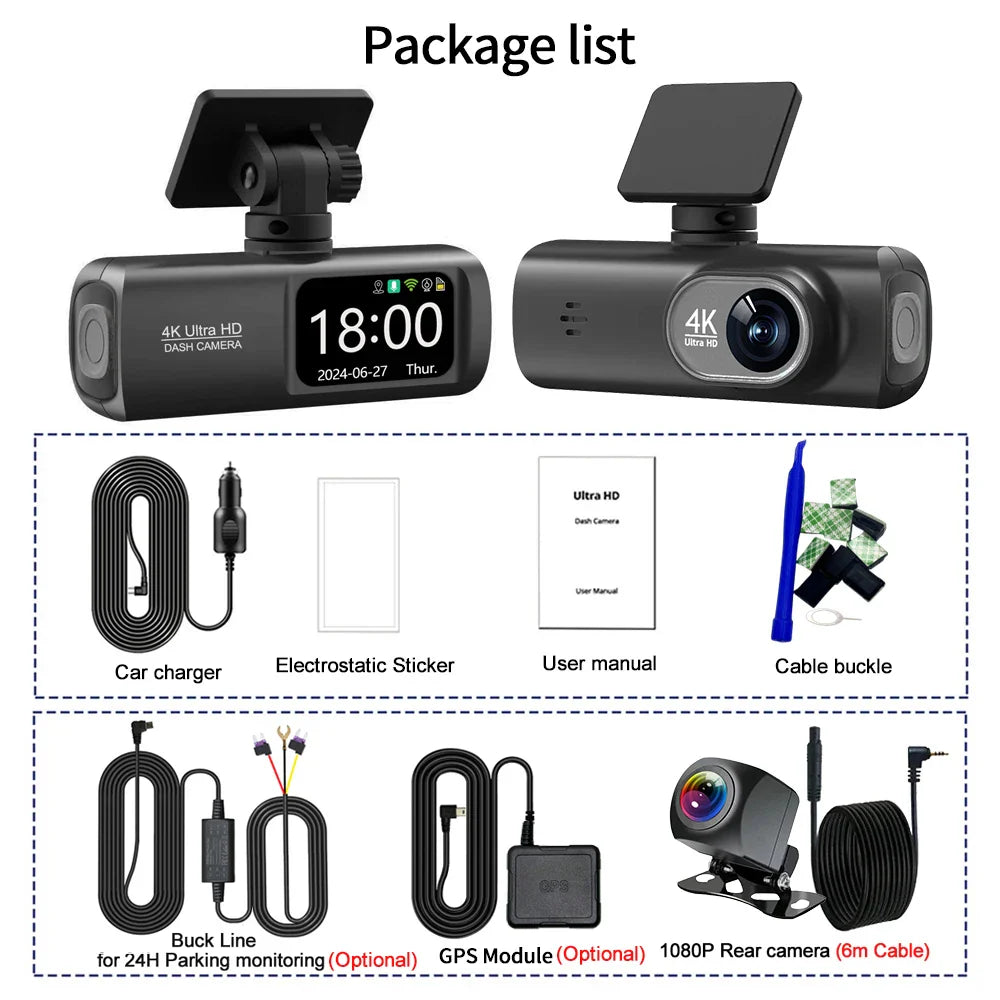 UHD 4K Dash Cam Dual Lens – 1080P Rear Lens, Built-in WiFi, GPS, 24-Hour Parking Monitoring Car DVR