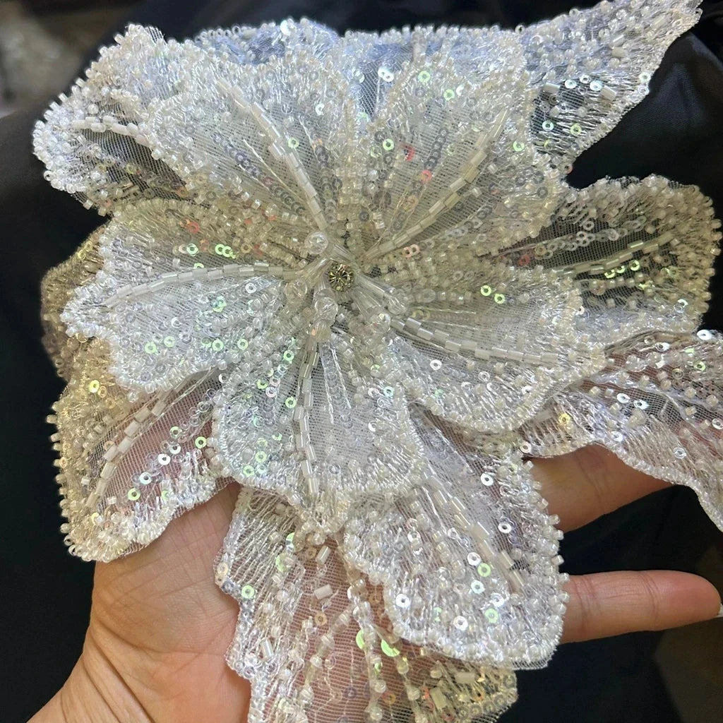 White Multi-Layer Lace Sequin 3D Flower Patch – DIY Clothing Decorative Applique