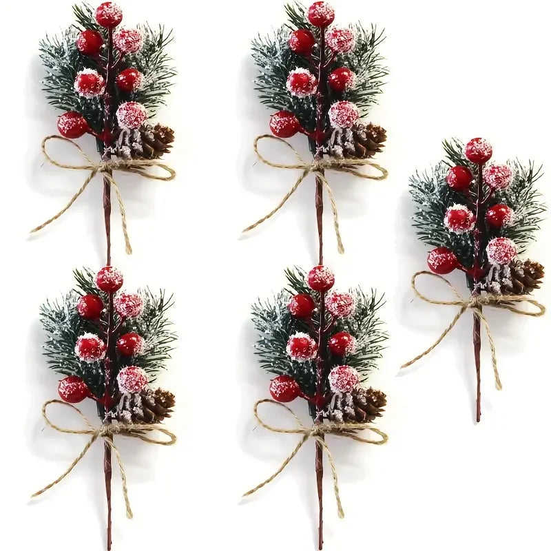 Set of 5 Realistic Artificial Winter Berries & Pine Branches – Christmas Home Decor