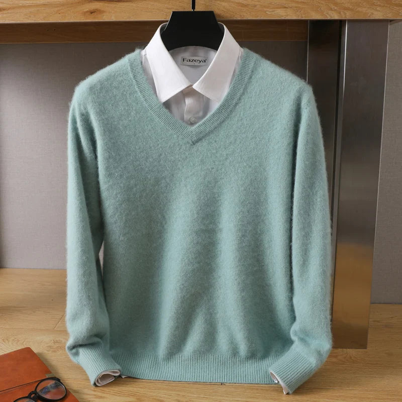 Men’s 100% Pure Mink Cashmere Sweater – V-Neck Knit Pullover, Long Sleeve Winter Jumper, Large Size High-End Top