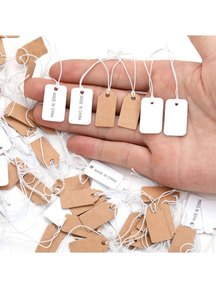 100PCS Small Jewelry Labels — DIY Blank Kraft Paper Tags with White Elastic Line, Multi-Size Price Tags X13
