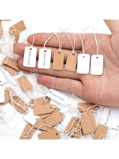 100PCS Small Jewelry Labels — DIY Blank Kraft Paper Tags with White Elastic Line, Multi-Size Price Tags X13