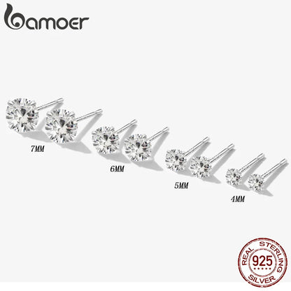 Bamoer 925 Sterling Silver CZ Stud Earrings – Platinum Plated Round Cubic Zirconia Barbell, Hypoallergenic, 4-7mm