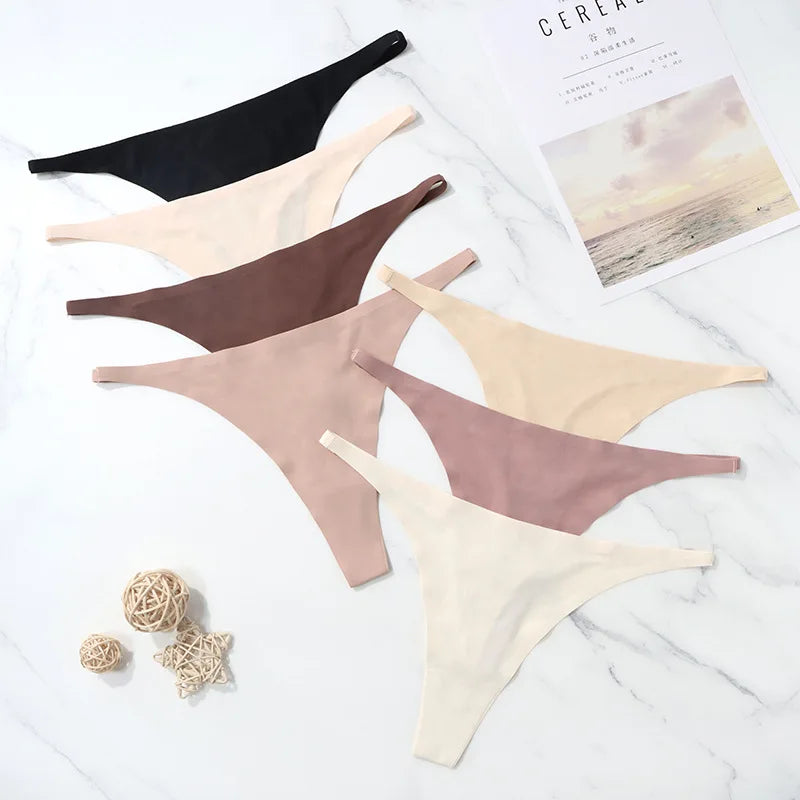 Ice Silk Seamless Thong Panties for Women – Soft Satin Bikini Underwear, Thin Band Tangas Mujer