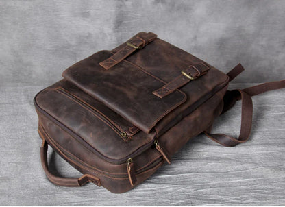 Vintage Crazy Horse Leather Backpack for Men — 17" Laptop Travel Rucksack Cowhide Hiking Bag M815