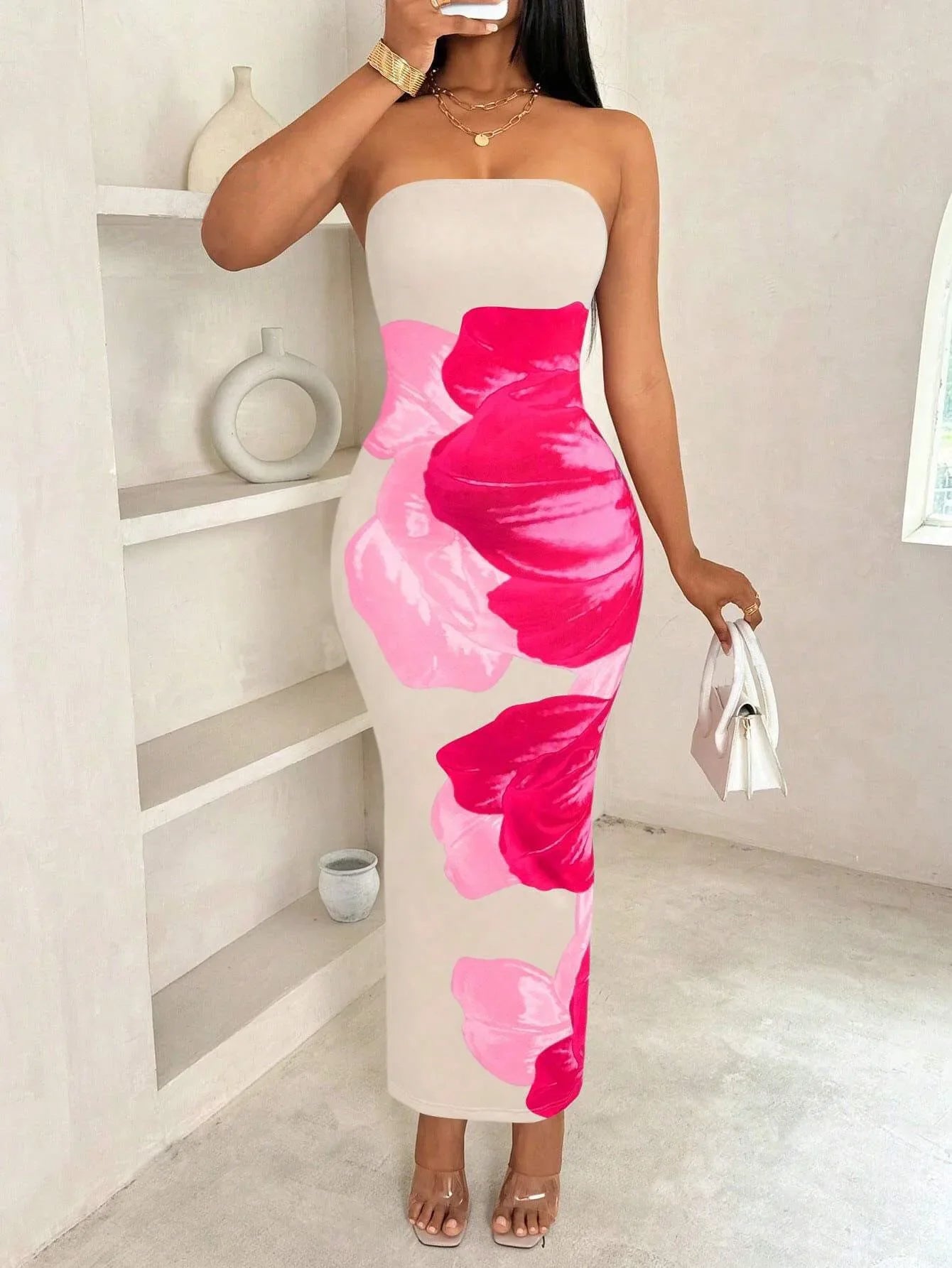 Women’s Elegant Printed Maxi Dress - Sleeveless Backless Strapless Bodycon Summer Beach Holiday Gown