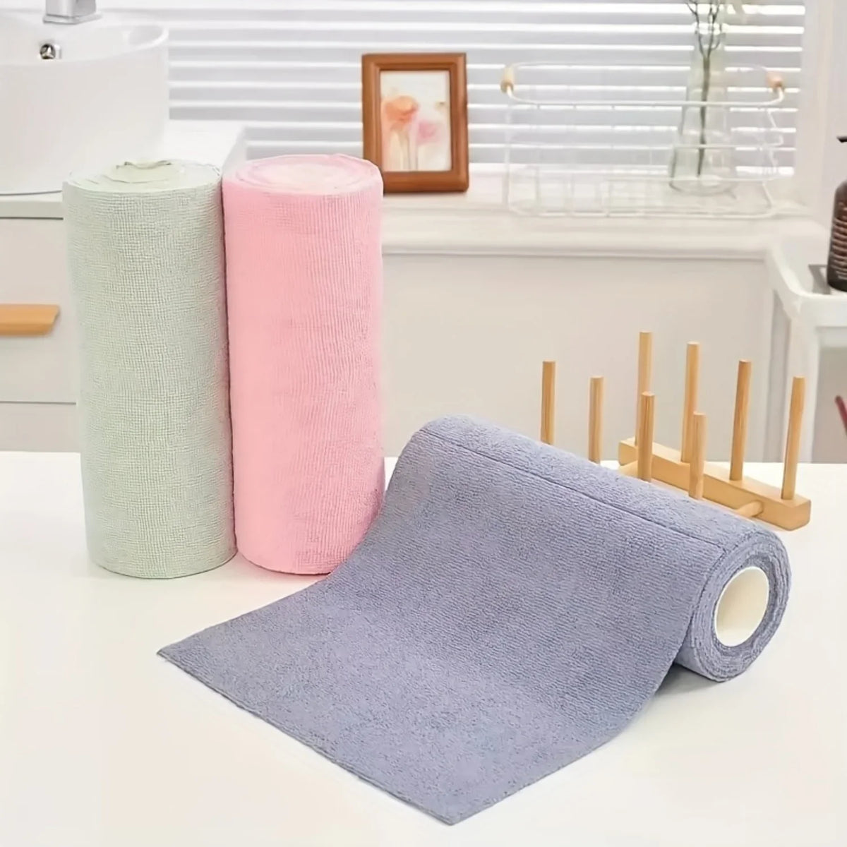 Microfiber Dish Cleaning Cloth - Reusable Double-Sided Kitchen Towels for Dishes, Utensils & Glassware, 50 Sheets/Roll