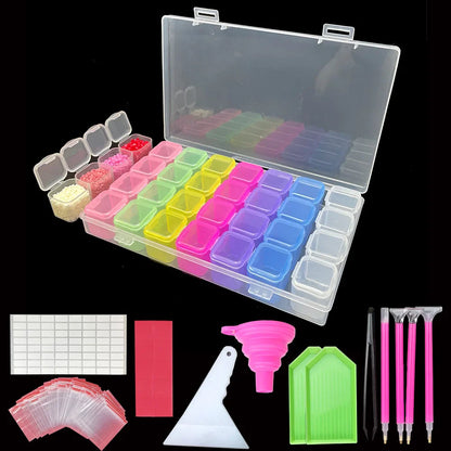 28-Grid Diamond Painting Storage Box – With Funnel, Sticker, Pen, and Embroidery Accessories Container