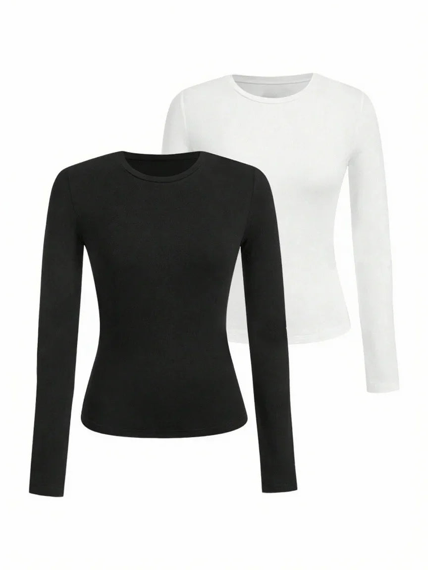 Women's Solid Color Long Sleeve T-Shirt – Round Neck Knitted Polyester Regular Fit Fall Winter Top