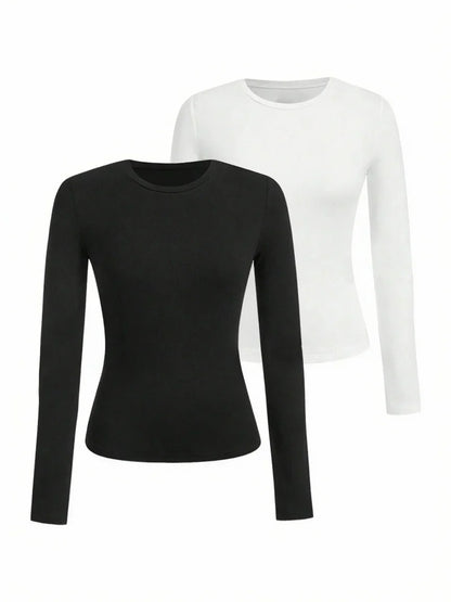 Women's Solid Color Long Sleeve T-Shirt – Round Neck Knitted Polyester Regular Fit Fall Winter Top