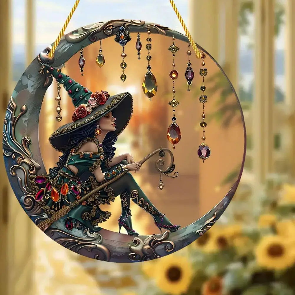 8x8 Inch Moonlight Witch Acrylic Stained Glass Suncatcher - Charming Window Hanging Wall Art Decor