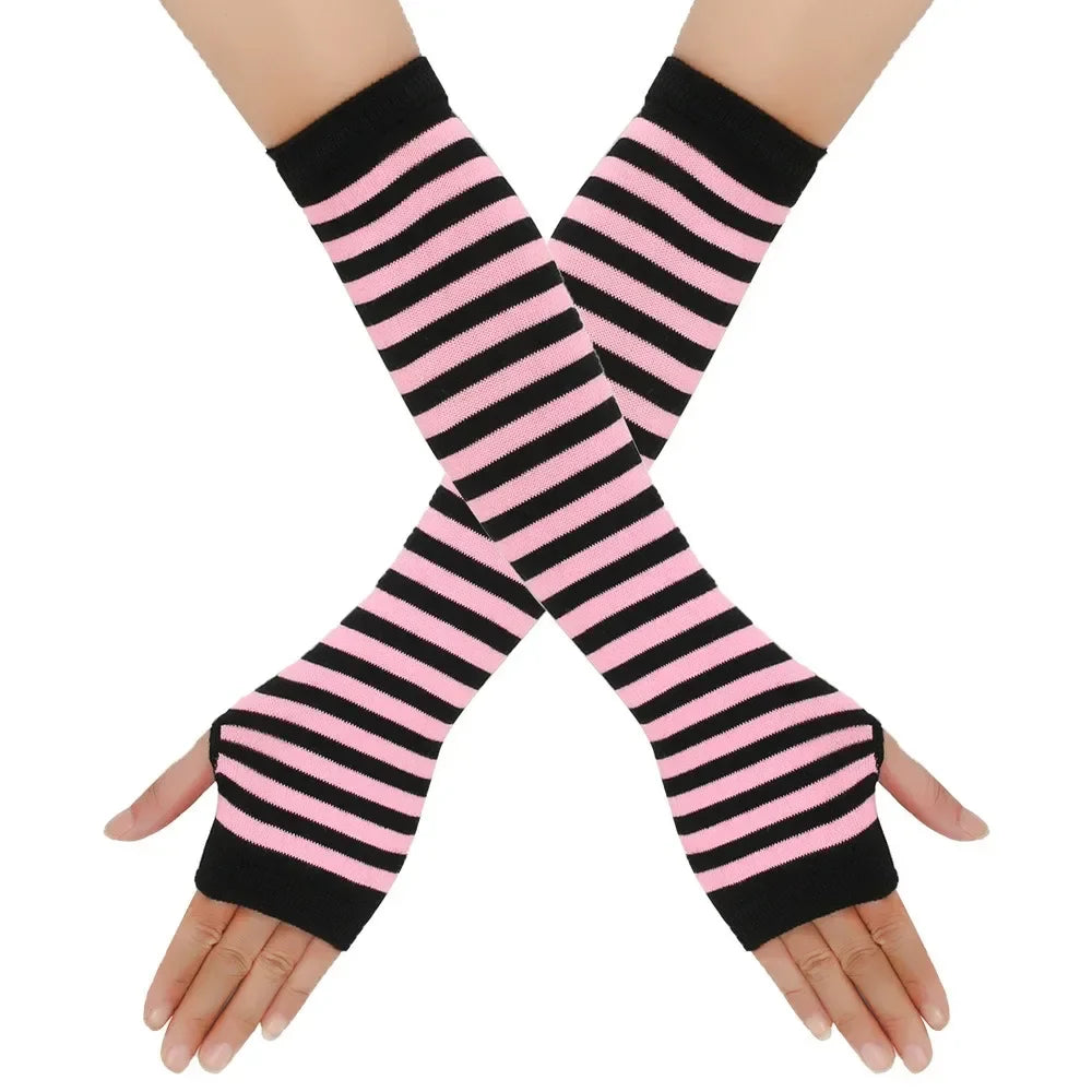 Warm Knitted Long Fingerless Gloves – Striped Elbow Mittens for Women, Fashion Christmas Gift
