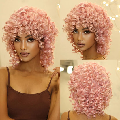 Brown Blonde Curly Synthetic Wig - Short Kinky Curly Afro Wig for Women, Glueless Cosplay Style