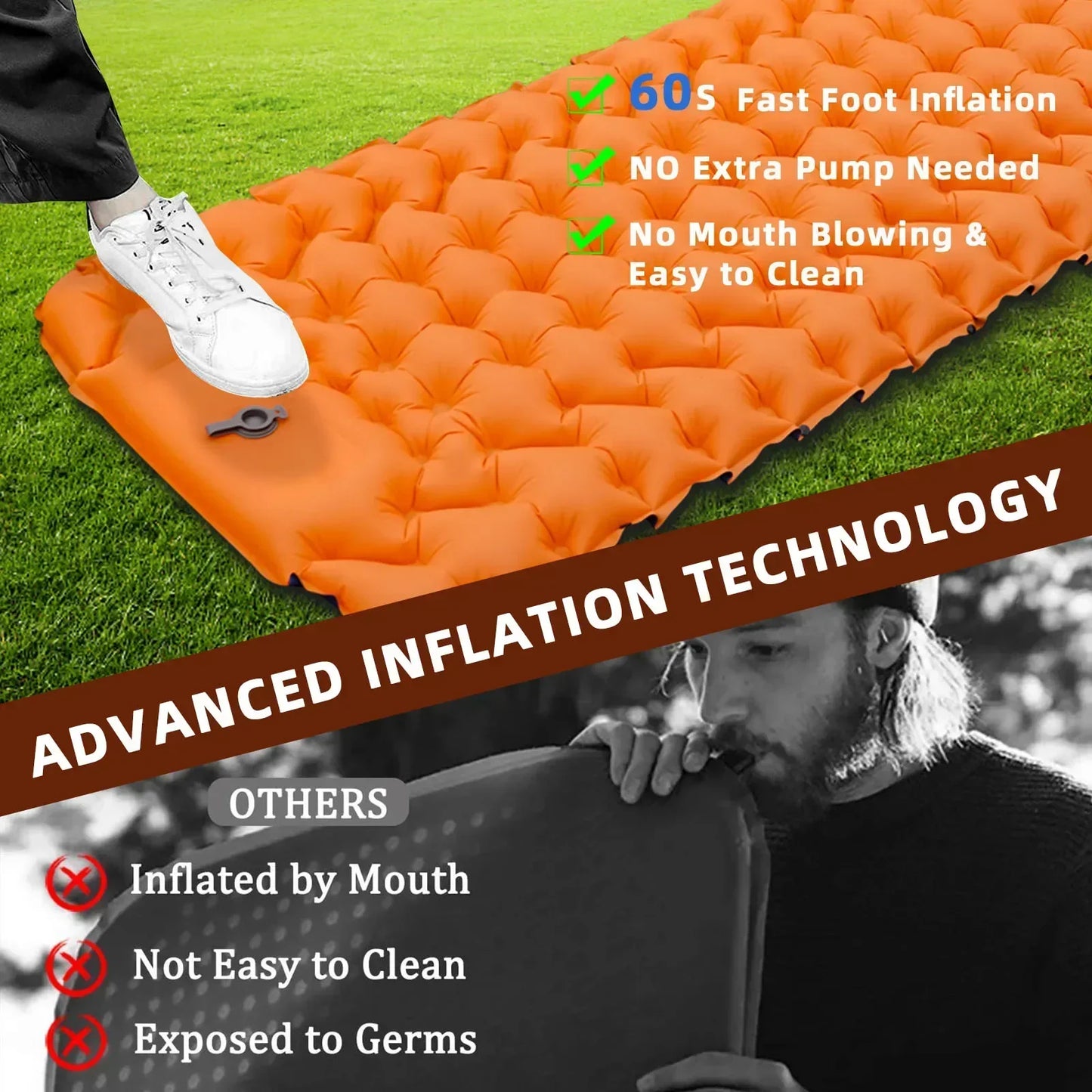 Outdoor Inflatable Sleeping Pad – Ultralight Camping Mattress with Pillows for Hiking & Trekking