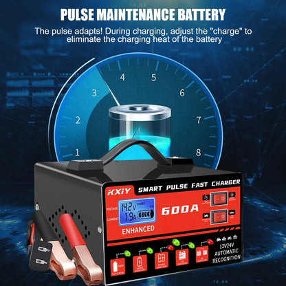 12V/24V Smart Car Battery Charger with LCD Display – 600A Intelligent Pulse Repair Maintainer