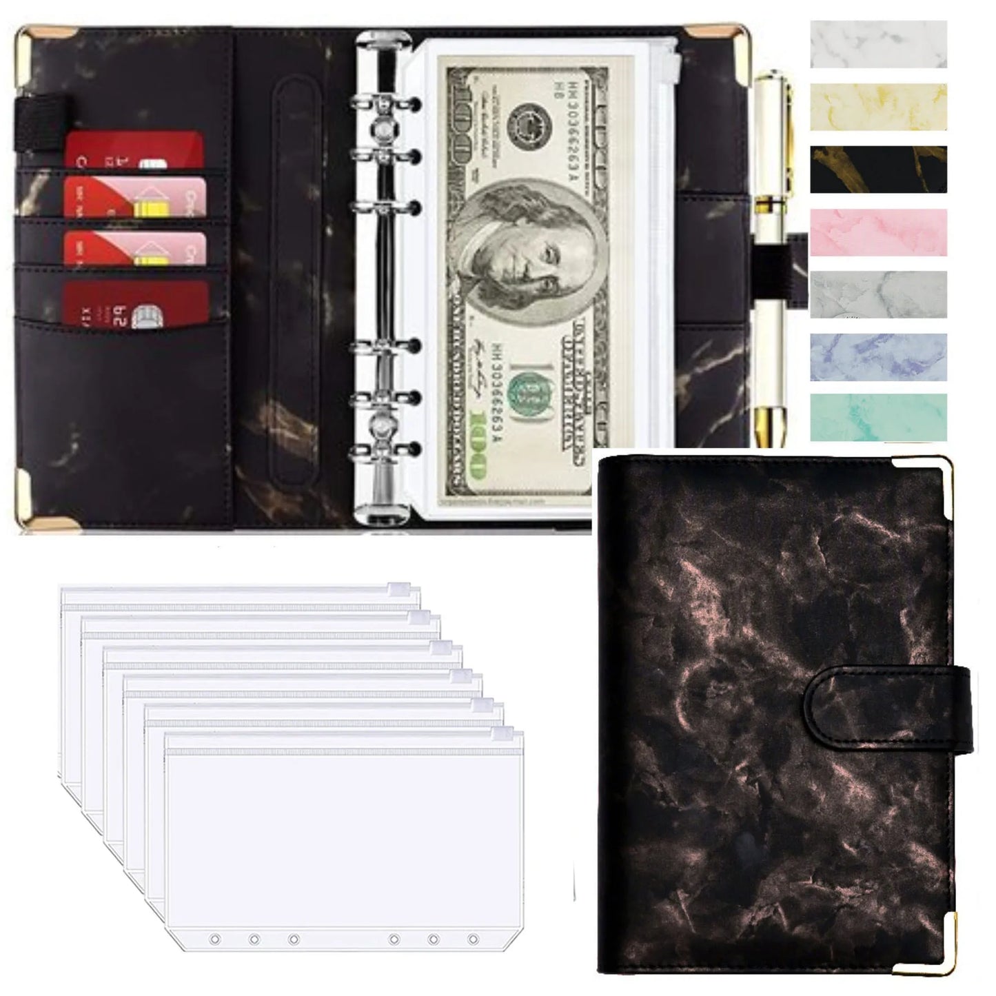 A6 Money Saving Organizer – PU Leather Budget Binder with Marble Notebook, 2023 Budget Planner, Envelope Office & School Supplies