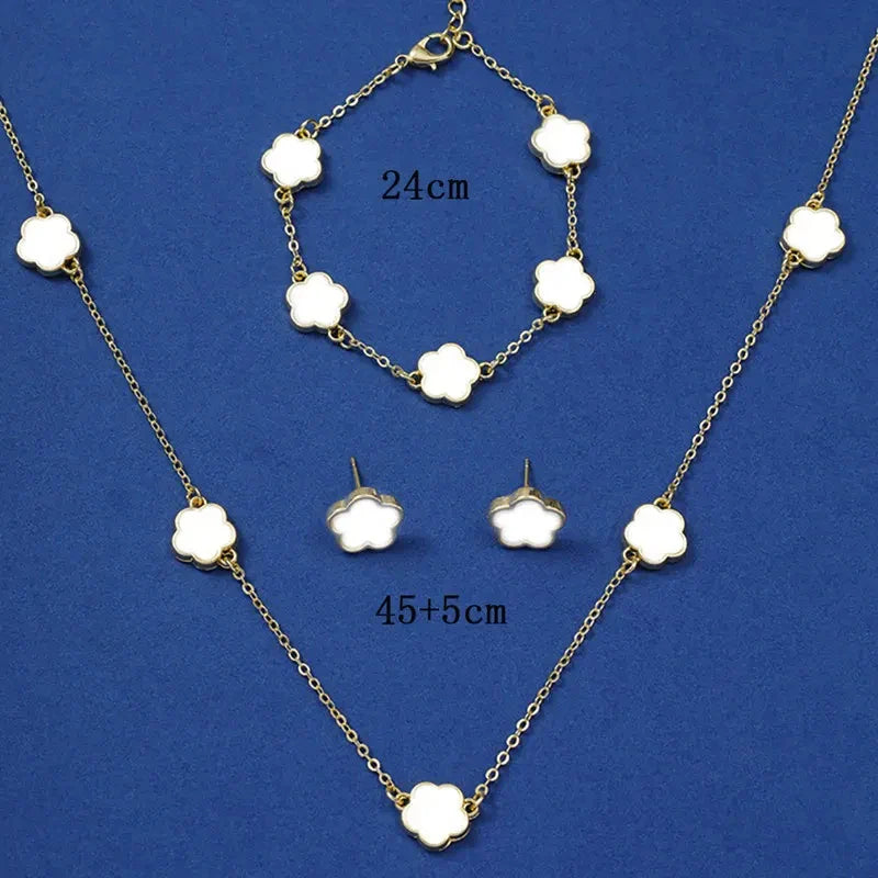 Lucky Five-Petal Flower & Clover Bracelet, Earrings, Necklace Set – Stylish Women's Party Jewelry Accessories