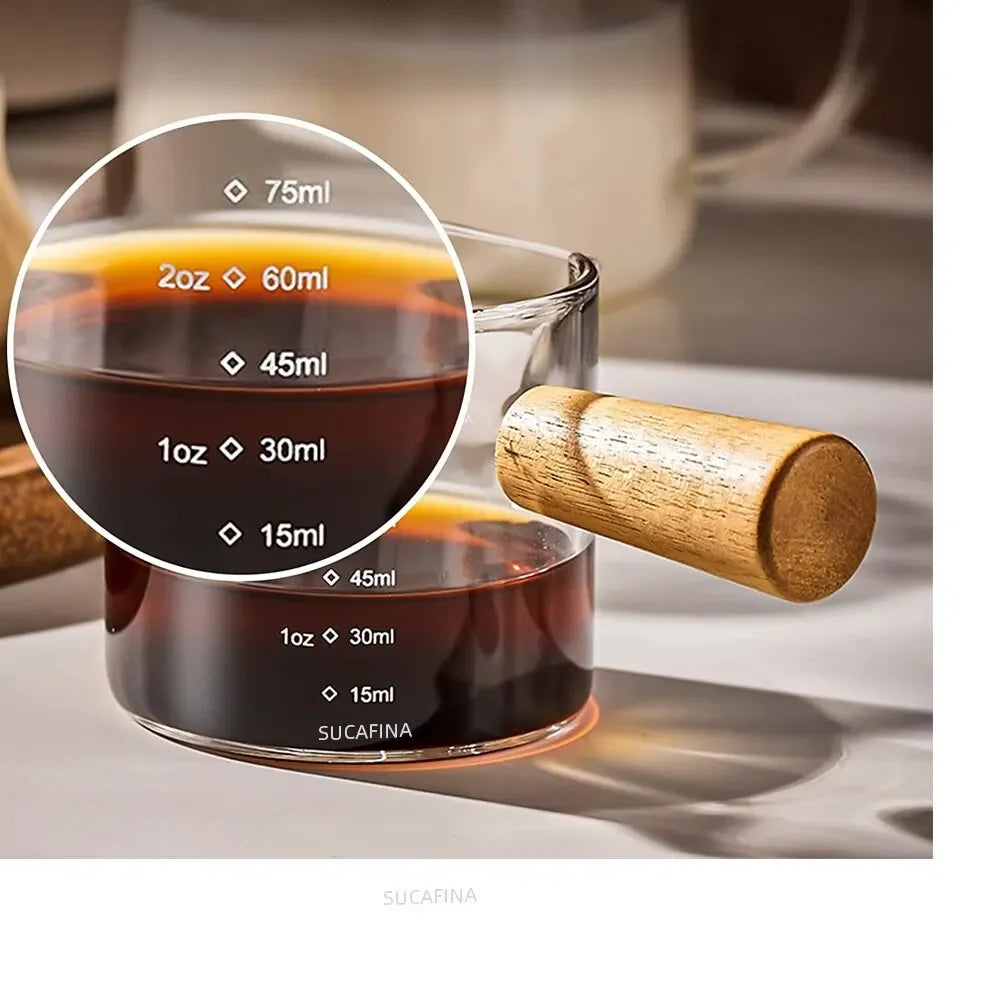 Glass Measuring Cup with Wood Handle – Clear Espresso and Milk Coffee Mug with Double Spout