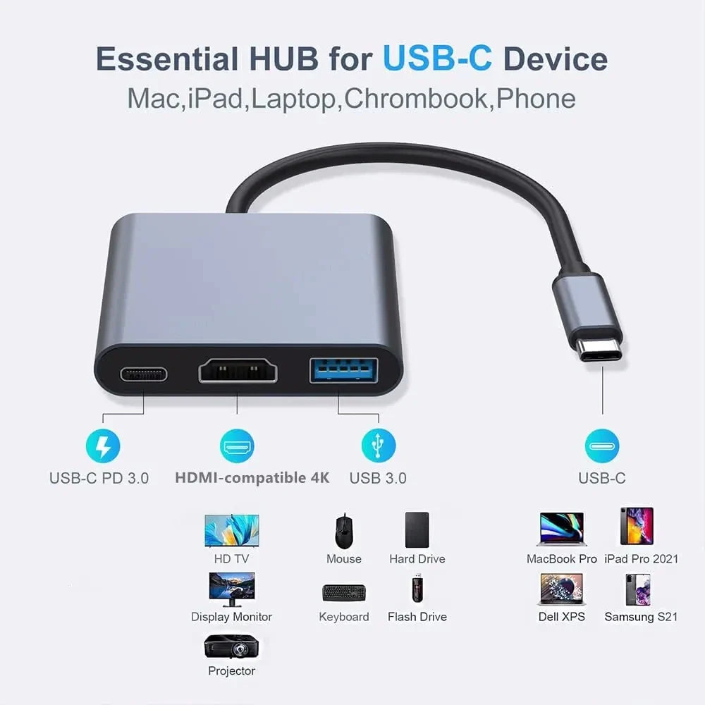 3-in-1 USB-C Hub Adapter – 4K HDMI, USB 3.0 & Charging Port Converter for MacBook Air 12 and Type-C Devices