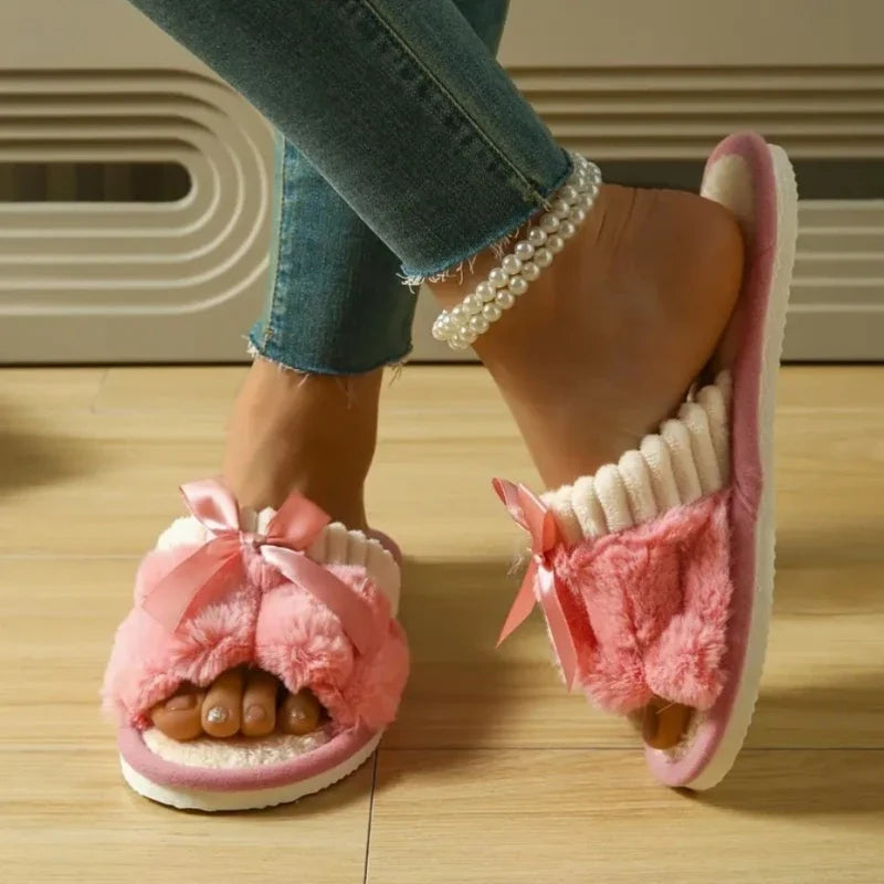 Plush Bow Slippers - Warm Fluffy Indoor Home Slides for Women & Men