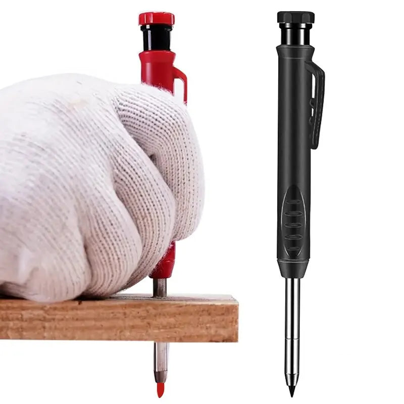 Professional Carpenter Pencil - Metal Long Head Deep Hole Engineering Marker with Quick Drying Graphite, Woodworking Black Red Lineation