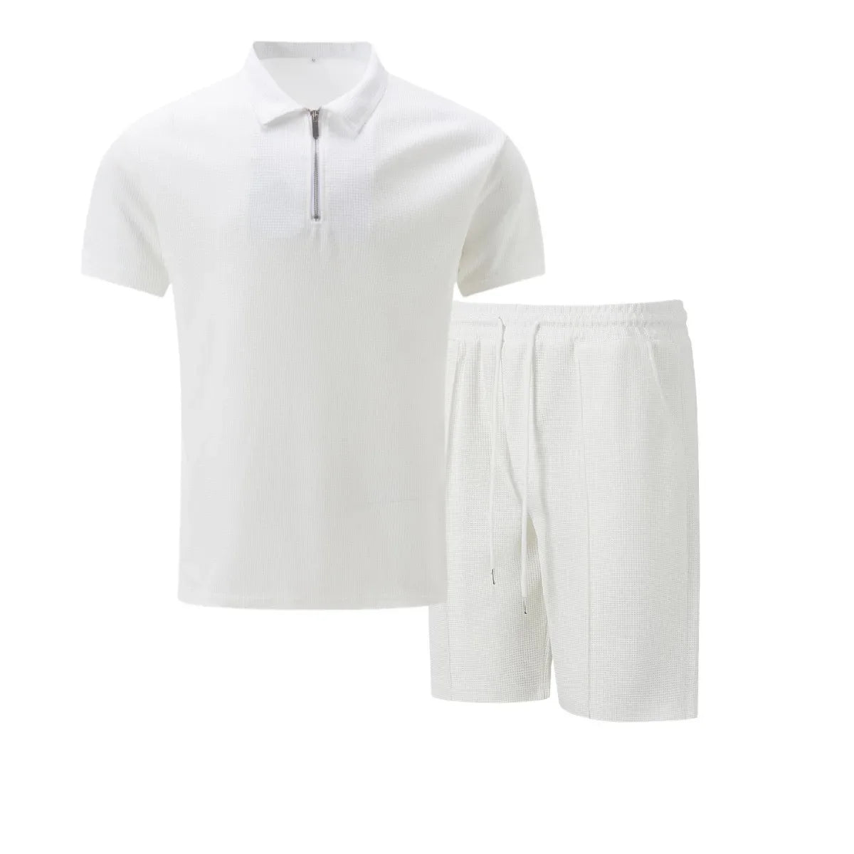 2025 Men's Summer Waffle Knit Short Set – Solid Color Zip-Up Lapel Shirt & Shorts | European & US Style