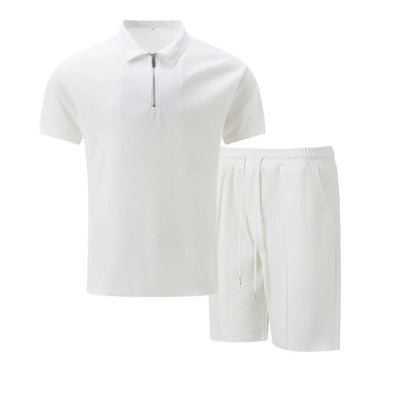 2025 Men's Summer Waffle Knit Short Set – Solid Color Zip-Up Lapel Shirt & Shorts | European & US Style