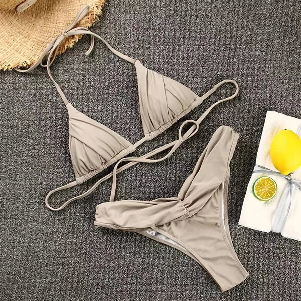 2024 Sexy Micro Bikinis - Women's Halter Brazilian Bikini Set, Pleated Swimsuit for New Triangle Swimwear