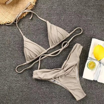 2024 Sexy Micro Bikinis - Women's Halter Brazilian Bikini Set, Pleated Swimsuit for New Triangle Swimwear