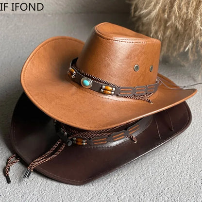 Faux Leather Western Cowboy Hat — Vintage Panama Sombrero Jazz Cap for Men & Women