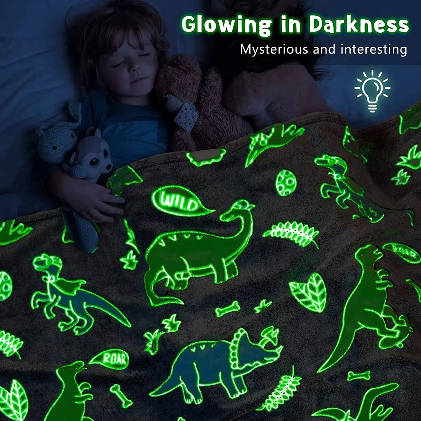 Luminous Unicorn & Dinosaur Plush Blanket – Glow-in-the-Dark Soft Flannel Throw for Boys & Girls, Christmas Gift