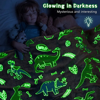 Luminous Unicorn & Dinosaur Plush Blanket – Glow-in-the-Dark Soft Flannel Throw for Boys & Girls, Christmas Gift