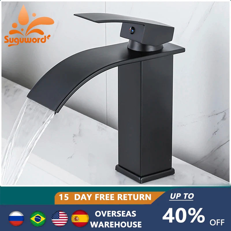 Bathroom Basin Sink Faucet - Deck Mount Waterfall Spout Tap with Single Handle, Hot & Cold Water Mixer for Vanity Washbasin