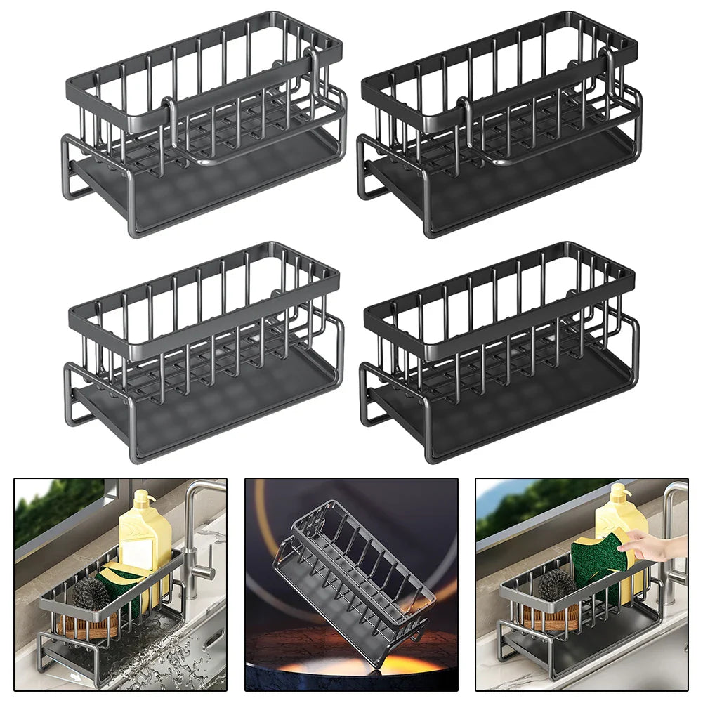 Stainless Steel Sink Drain Rack with Sponge Storage - Kitchen Faucet Holder and Soap Drainer