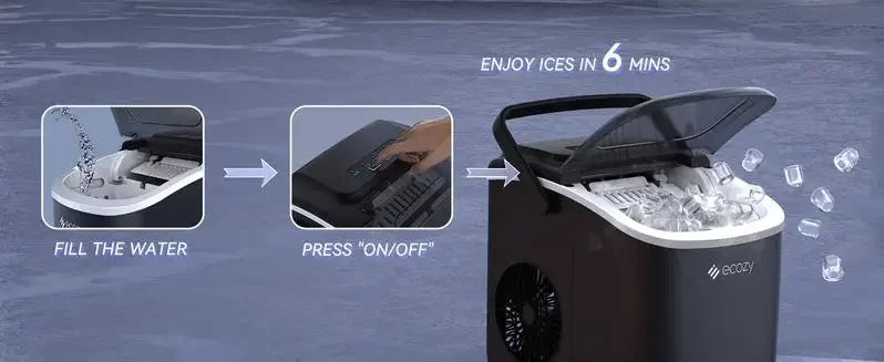Ecozy Portable Countertop Ice Maker - Makes 9 Ice Cubes in 6 Minutes, Includes Ice Bags, Scoop & Basket for Kitchen