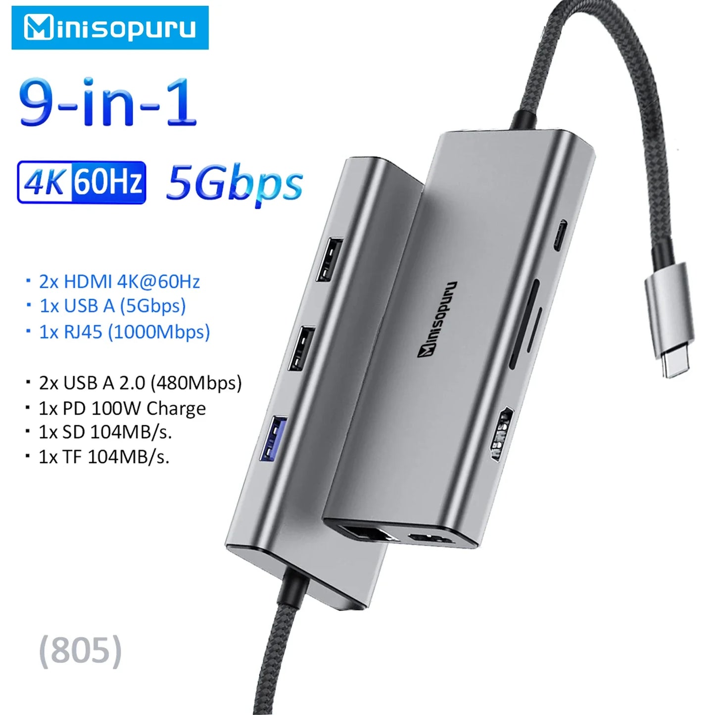 Minisopuru USB C Hub 10Gbps – USB 3.2 Type-C to USB Adapter with 100W PD for MacBook Pro, iMac & PC Accessories