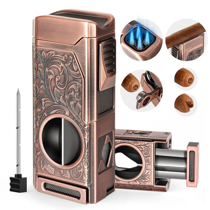 4 Jet Flame Cigar Lighter – Refillable Butane Lighter with V-Cut Cutter, Punch, Holder & Draw Enhancer